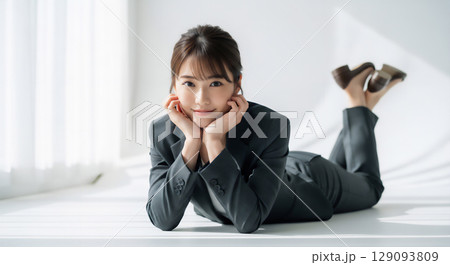 自然光が差し込む明るい室内でスマートなビジネススタイルを魅せる女性ポートレート 129093809