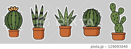 Collection of stylized cactus and succulent plants in terracotta pots. Suitable for stickers, icons, or graphic elements related to desert plants, houseplants, gardening, or botanical themes Collection of stylized cactus and succulent plants in terracotta pots. Suitable for stickers, icons, or graphic elements related to desert plants, houseplants, gardening, or botanical themes 129093840