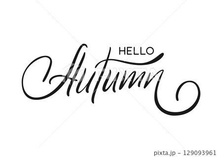 Hello Autumn handwritten lettering text isolated on white for seasonal greeting card or banner. Vector illustration. 129093961
