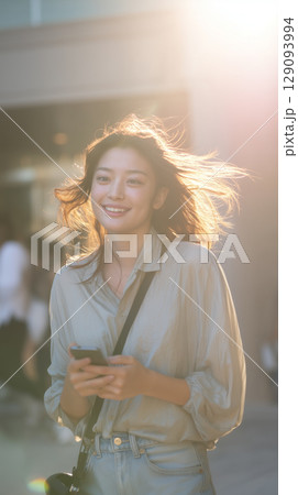 携帯/スマホを手にしながら、夕陽に照らされる笑顔の女性｜自然体の美しさと光が織りなすoffの一瞬 129093994