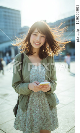 携帯/スマホを手にしながら、風に髪をなびかせる笑顔の女性｜光に包まれた都会の爽やかな一瞬 129093995