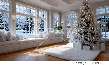 A bright and festive living room decorated for the Christmas holiday season. A bright and festive living room decorated for the Christmas holiday season. 129094025