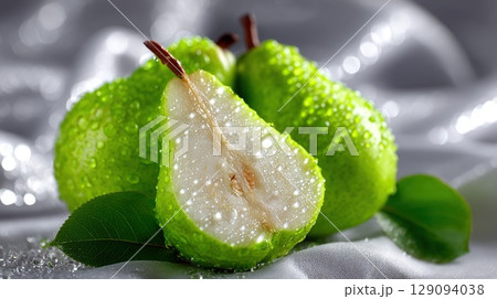 Beautiful image of fresh pears with water droplets, highlighting their juicy and delicious appearance. Beautiful image of fresh pears with water droplets, highlighting their juicy and delicious appearance. 129094038