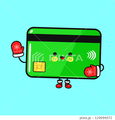 Adorable credit card cartoon character wearing mittens and boots in a cheerful pose. 129094072