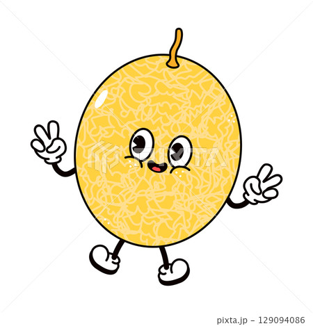 This cheerful cantaloupe character is happy and giving a peace sign to the viewer, perfect for a cute design This cheerful cantaloupe character is happy and giving a peace sign to the viewer, perfect for a cute design 129094086