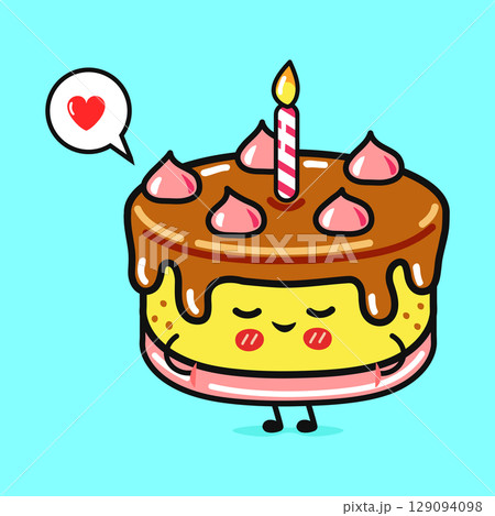 A smiling cartoon birthday cake with a candle and a thought bubble. A smiling cartoon birthday cake with a candle and a thought bubble. 129094098