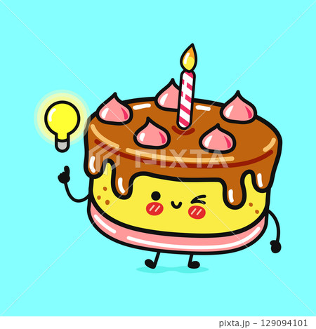 Adorable cartoon cake with a candle, winking with a lightbulb idea. 129094101