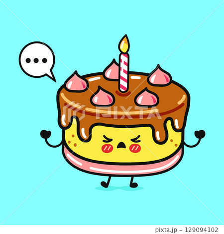 Cute cartoon birthday cake with an angry expression, perfect for celebrations. Cute cartoon birthday cake with an angry expression, perfect for celebrations. 129094102