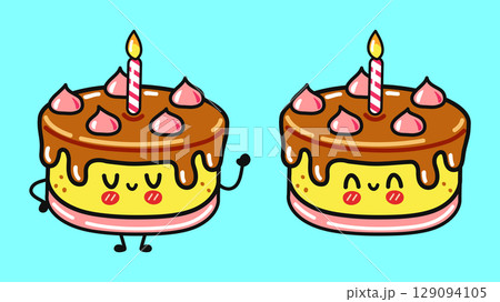 Two cute cartoon birthday cakes with candles and adorable expressions. 129094105