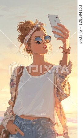 夕暮れ空で自撮りする女性のイラスト｜旅先の一瞬を切り取るスタイリッシュな表現 129094153