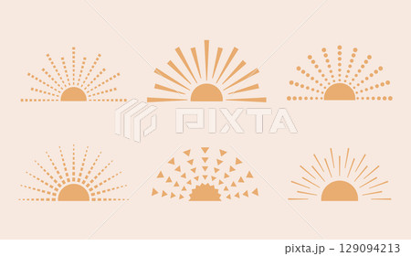 Gold modern minimalist bold half sunset, sunrise, sun raises. Cute simple abstract sun logo, label design templates, icons. Gold modern minimalist bold half sunset, sunrise, sun raises. Cute simple abstract sun logo, label design templates, icons. 129094213