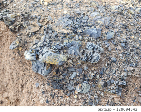 Tailings and waste sand  in  mined open pit coal quarry. Heavy erosion 129094342