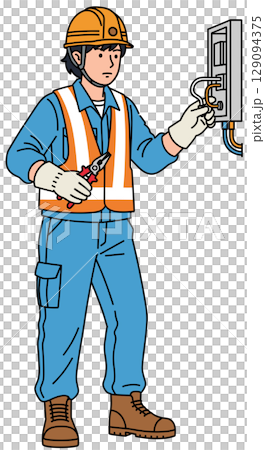Illustration (vector) of an electrician using pliers to wire a distribution board Illustration (vector) of an electrician using pliers to wire a distribution board 129094375