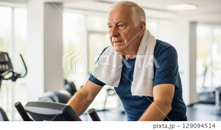 Senior caucasian man exercising on stationary bike at modern fitness center gym wearing blue athletic shirt with white towel around neck 129094514