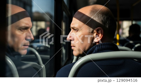 Thoughtful caucasian man with headband looking at his reflection in glass window while sitting on public transportation bus during daytime commute 129094516