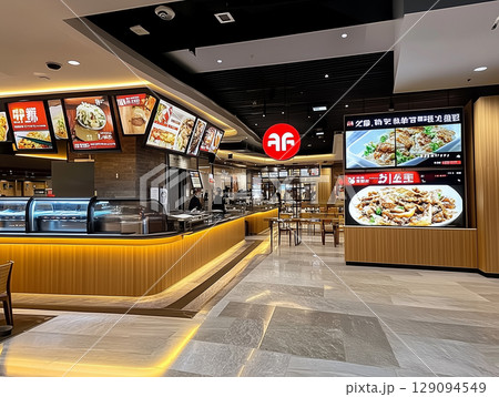 モニターやデジタルサイネージのあるフードコート、飲食スペース 129094549