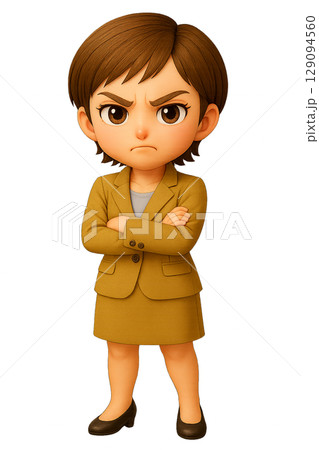 スーツ姿で腕を組んで怒る表情を見せる3Dフィギュア風ちびキャラクターのAYA 129094560
