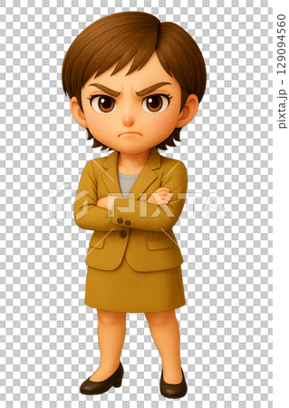 スーツ姿で腕を組んで怒る表情を見せる3Dフィギュア風ちびキャラクターのAYA 129094560