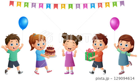 Cartoon happy kids celebrating birthday party 129094614