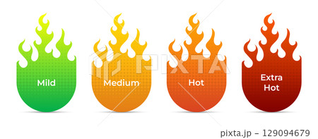 Different heat levels for spicy food represented by colorful flame icons Different heat levels for spicy food represented by colorful flame icons 129094679
