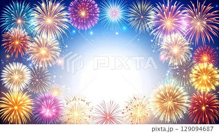 夏の打ち上げ花火のフレーム 水彩手描き風 背景素材 16:9サイズ AI生成素材 129094687