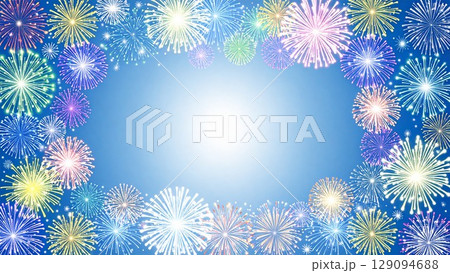 夏の打ち上げ花火のフレーム 水彩手描き風 背景素材 16:9サイズ AI生成素材 129094688