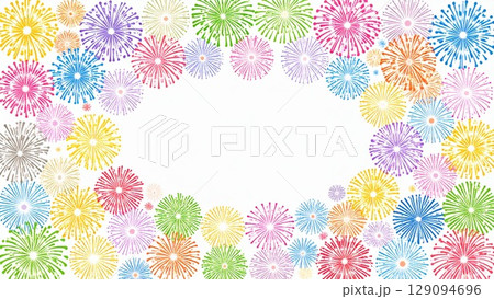 夏の打ち上げ花火のフレーム 水彩手描き風 背景素材 16:9サイズ AI生成素材 129094696