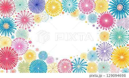 夏の打ち上げ花火のフレーム 水彩手描き風 背景素材 16:9サイズ AI生成素材 129094698