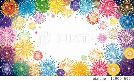夏の打ち上げ花火のフレーム 水彩手描き風 背景素材 16:9サイズ AI生成素材 129094699