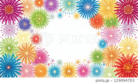 夏の打ち上げ花火のフレーム 水彩手描き風 背景素材 16:9サイズ AI生成素材 129094703