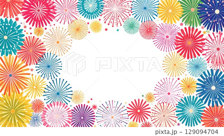 夏の打ち上げ花火のフレーム 水彩手描き風 背景素材 16:9サイズ AI生成素材 129094704