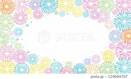 夏の打ち上げ花火のフレーム 水彩手描き風 背景素材 16:9サイズ AI生成素材 129094707
