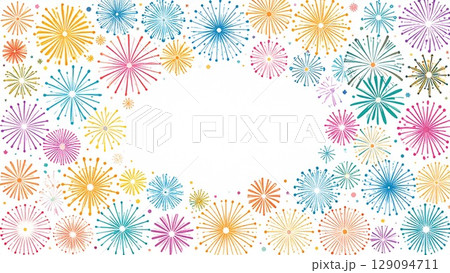 夏の打ち上げ花火のフレーム 水彩手描き風 背景素材 16:9サイズ AI生成素材 129094711