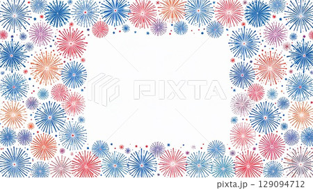 夏の打ち上げ花火のフレーム 水彩手描き風 背景素材 16:9サイズ AI生成素材 129094712