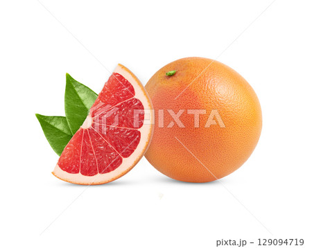 Pink grapefruit whole, half and slice isolated. Grapefruit slices with zest isolate. Grapefruit and green leaf isolated. With clipping path. Full depth of field Pink grapefruit whole, half and slice isolated. Grapefruit slices with zest isolate. Grapefruit and green leaf isolated. With clipping path. Full depth of field 129094719