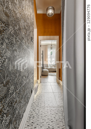 Stylish Apartment Hallway with Ornamental Wallpaper 129094776