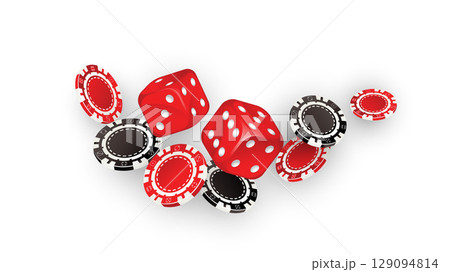 Falling aces and casino chips on white background. Playing cards, red and black money chips. Gambling Poker and card games. 129094814
