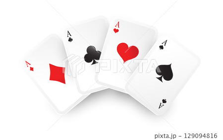 Aces playing cards four poker game. Vector Isolated realistic gambling card. Clubs and spaces, hearts and diamonds casino card. Black and Red suits 129094816