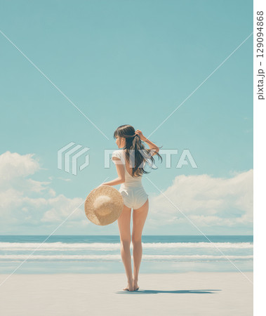白い水着と麦わら帽子の女性｜夏の海辺を歩く爽やかな後ろ姿イラスト 129094868