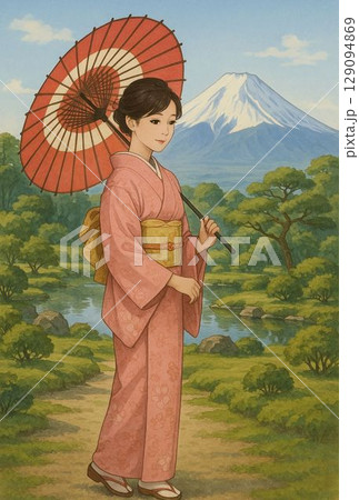 和傘をさした着物の女性 129094869