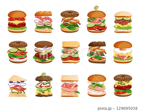 Burger and sandwich ingredients. Layered fast food, snack components, sliced meat, fresh vegetables, cheese between toasts, buns, menu assortment, cartoon flat style isolated tidy vector set 129095038