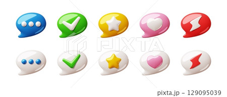 Cartoon 3d speech bubbles. Different simple symbols in dialogue boxes, rounded glossy shapes design, social media communication signs, star and heart symbols, render isolated classy vector set Cartoon 3d speech bubbles. Different simple symbols in dialogue boxes, rounded glossy shapes design, social media communication signs, star and heart symbols, render isolated classy vector set 129095039