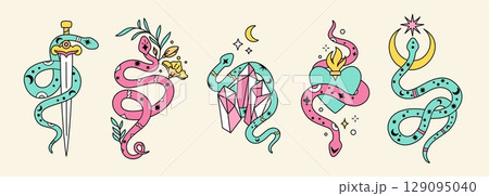 Color mystic snakes compositions. Magical reptiles with occult symbols, crystals and flowers, crescent moon, dagger, trendy tattoos design, mystery logo and emblem, garish vector isolated set 129095040