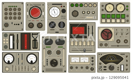 Control panel buttons. Retro spaceships dashboards, analog devices and techniques, metal consoles, dials and indicators, old spacecraft cockpit interface, qualitative vector isolated set 129095041