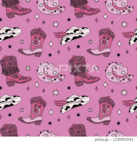 Cowgirl boots seamless pattern. Pink glamour country elements, trendy rodeo hats, cowboy boots, wild west fashion textile, wrapping paper, wallpaper. Print for fabric garish vector background 129095042
