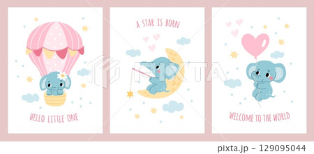 Cute elephants. Little animals, welcome cards for newborns, delicate design, baby birthday prints, nursery room posters, adorable creature cartoon flat style isolated garish vector set 129095044