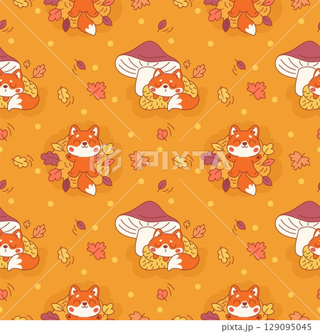 Cute fox seamless pattern. Repeated funny redheads animals, autumn season elements, yellow leaves, mushroom. Textile, wrapping paper, wallpaper. Print for fabric garish vector orange background 129095045