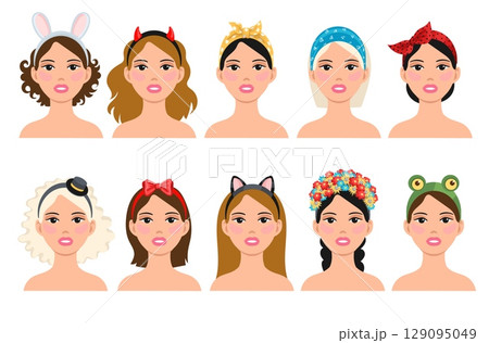 Female head with headband. Girly hairstyles with different decorative accessories, cute patterned bandanas and ribbons, cartoon flat style isolated woman portrait splendid vector set 129095049