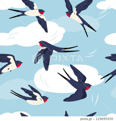 Flying swallows seamless pattern. Repeated little birds with red breasts, feathered creatures in sky with clouds. Textile, wrapping paper, wallpaper. Print for fabric garish vector background 129095050