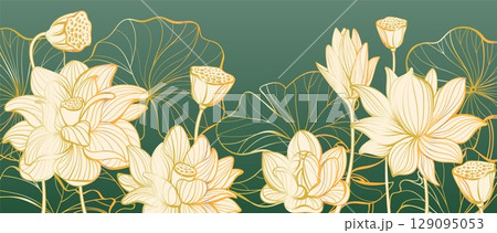 Hand drawn lotus background. Luxury oriental plants, decorative creative botanic elements, beautiful flowers and golden leaves, premium banner, Asian backdrop, splendid vector concept 129095053